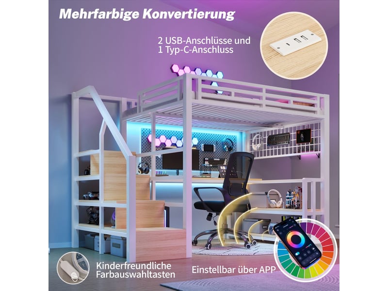  Lit mezzanine 140x200, structure métal robuste lit mezzanine avec bureau, garde-corps haut, escalier avec rangement, led, usb type-c  - Conforama E