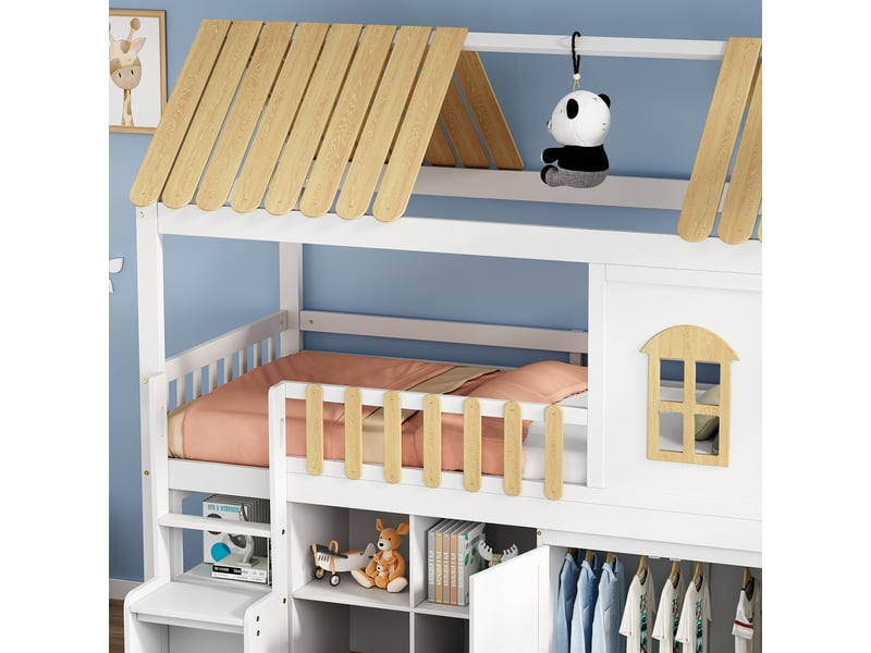 Lit mezzanine enfant 90 x 200 cm avec armoire et rangements, toit cabane et fenêtre, pin et mdf, blanc et naturel  - Conforama E