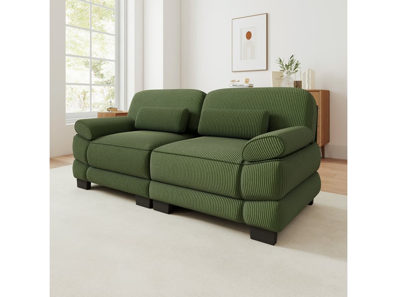 Canapé droit modulable 194 cm 2 places, design carré épuré, base et accoudoirs à matelassage en canaux, coussin lombaire, velours côtelé, vert - Conforama B