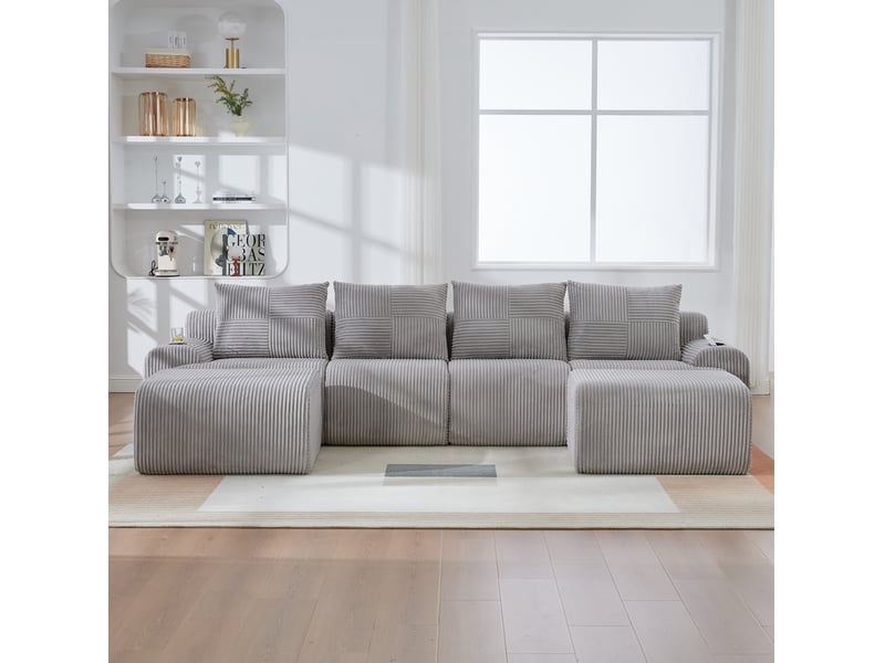  Canapé modulable 4 places 333x174x80 cm porte-gobelet intégré poche latérale assises larges velours côtelé gris clair  - Conforama W