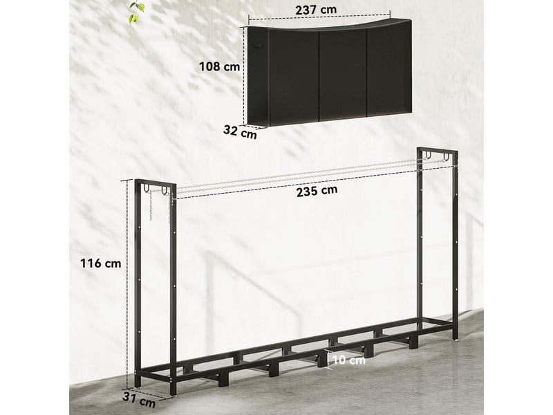  Porte-bûches extérieur avec bâche imperméable, structure en acier réglable, 150 kg  - Conforama E