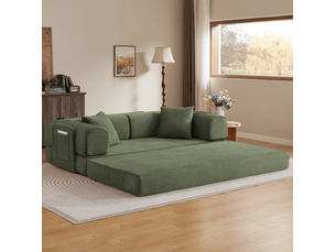 Canapé convertible en mousse avec 2 coussins - structure acier chromé, velours côtelé vert