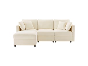 Canapé d’angle l beige convertible 3 places avec pouf, 4 coussins et accoudoirs réglables en chenille