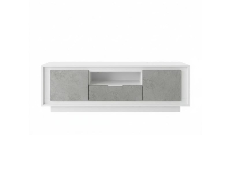  Meuble tv 2 portes 1 tiroirs 1 niche blanc laqué façades aspect ciment piètement socle - azonto AZONTO - Conforama C