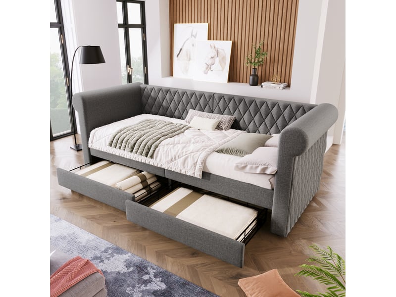 Lit banquette vintage 90x200 cm gris en tissu lin avec 2 tiroirs - Conforama D