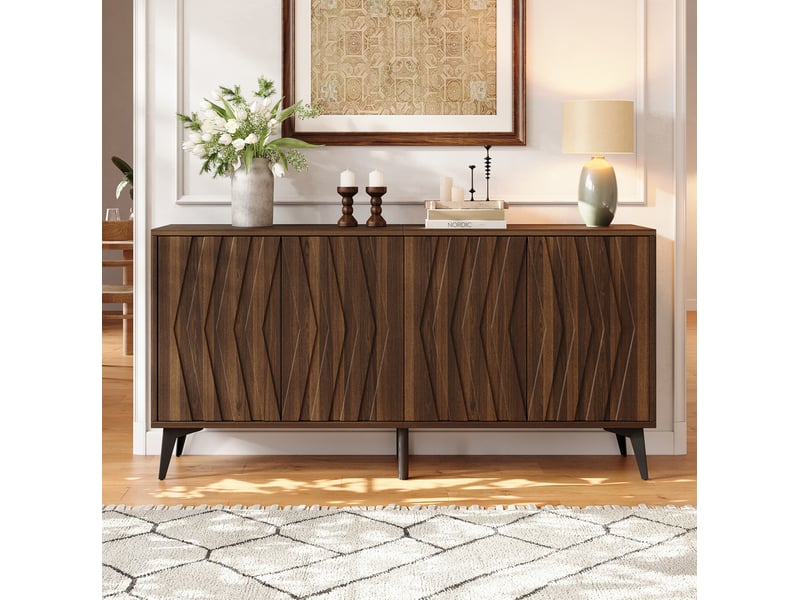 Buffet bas 140 x 35 x 70 cm, 4 portes battantes, 2 tablettes réglables, en mdf et panneau de particules, bois noyer - Conforama B