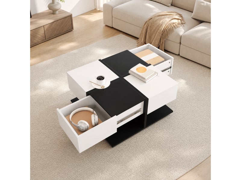  Table basse carrée avec 2 tiroirs et glissières à ouverture douce, en panneaux de particules noir et blanc, 70 × 70 × 35,5 cm  - Conforama B