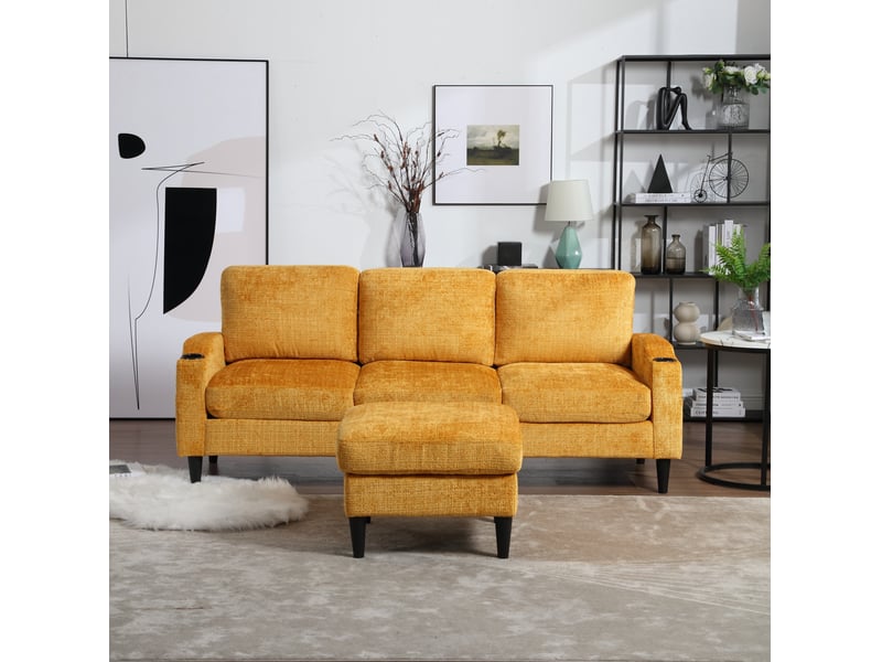 Canapé droit 196x75x77cm avec repose-pieds de rangement, porte-gobelet, poches latérales, accoudoirs, chenille jaune - Conforama B