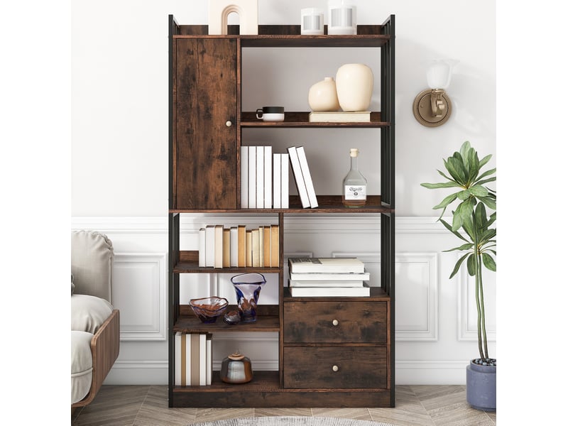  Bibliothèque de livres 6 étagères avec portes et tiroirs, industrielle, bois brun  - Conforama C