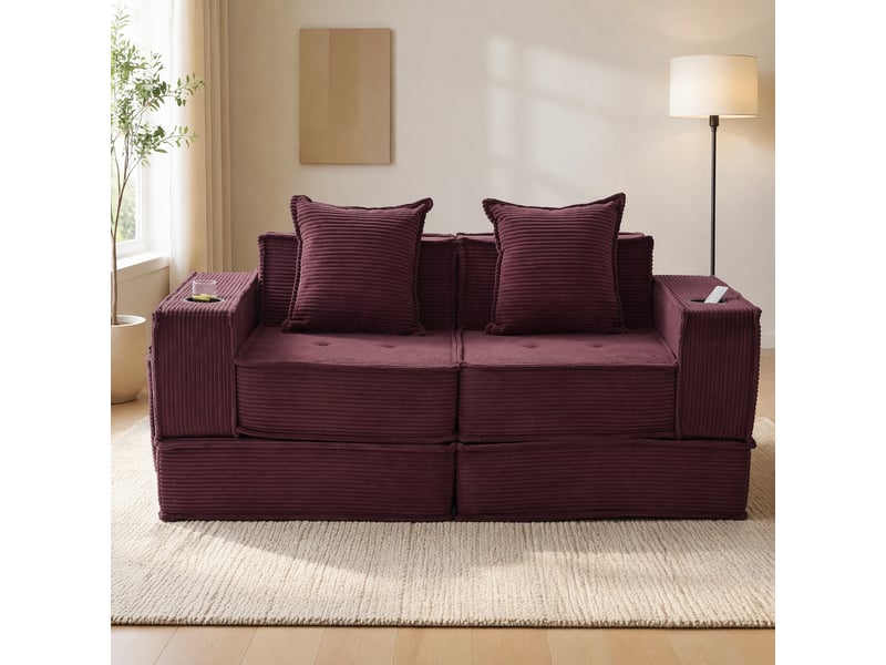  Canapé convertible 2 places en velours côtelé rouge bordeaux avec 2 coussins  - Conforama B