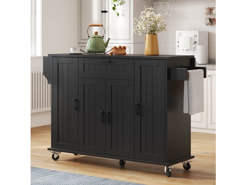  Îlot meuble cuisine 120x45(70)x95 cm pliant plateau extensible 120x70 cm 4 portes 1 tiroir rangements roulettes mdf noir  - Conforama E