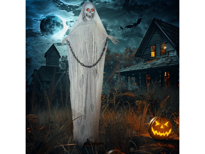 Décoration d’halloween squelette faucheur avec yeux led et activation sonore, pour entrée et fête, en acier, 70×16×183 cm - Conforama C