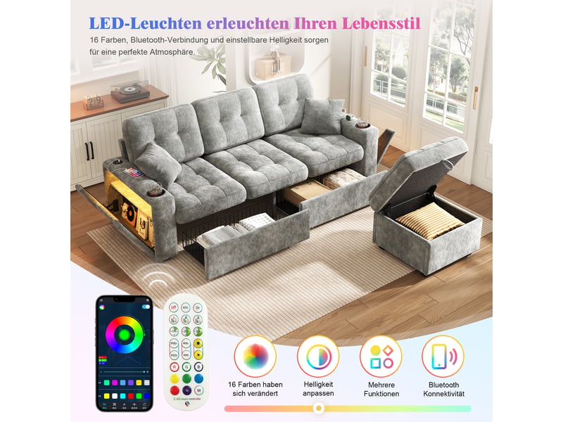  Canapé multifonction en chenille avec led, usb-c, pouf coffre, 2 tiroirs roulants et porte-gobelets coloris gris OPULERANE TRADING LTD - Conforama E