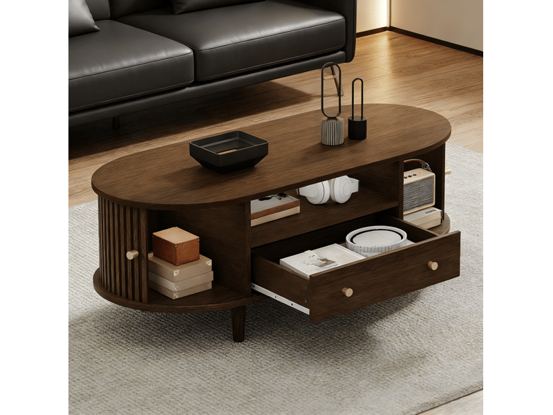  Table basse ovale avec 1 tiroir, niche ouverte et porte coulissante pour salon en mdf couleur bois de noyer  - Conforama E