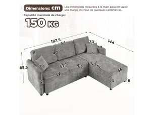 Canapé d'angle en l moderne, canapé 3 places gris avec méridienne 144cm, revêtement en tissu chenille résistant et mousse haute densité.