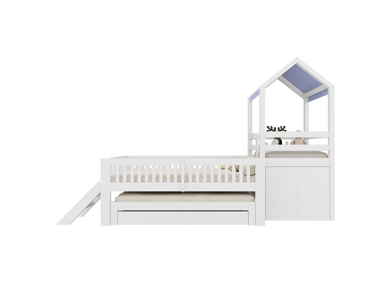  Lit gigogne 90x190 cm - lit cabane enfant 90x200 cm - 4 tiroirs, escalier et toit en tissu - bois massif blanc  - Conforama E