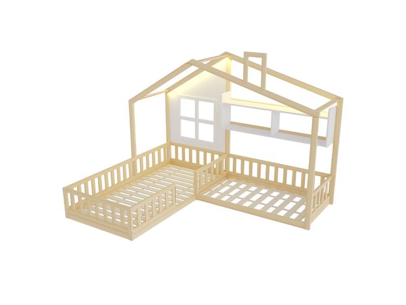  Lit enfant cabane avec fenêtre, bois naturel, 90 x 200 cm, étagères, led et garde-corps  - Conforama E