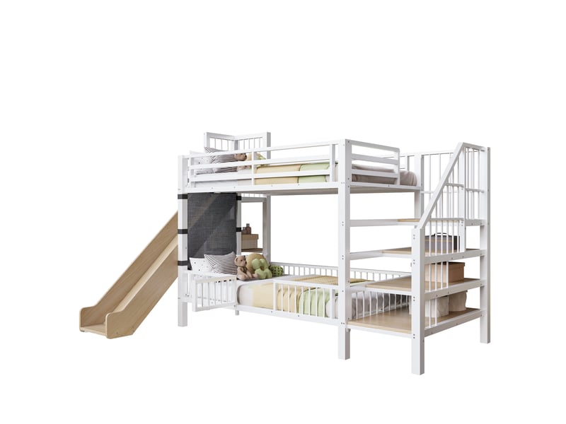  Lit superposé enfant 90x200 cm avec toboggan et rangements blanc  - Conforama A