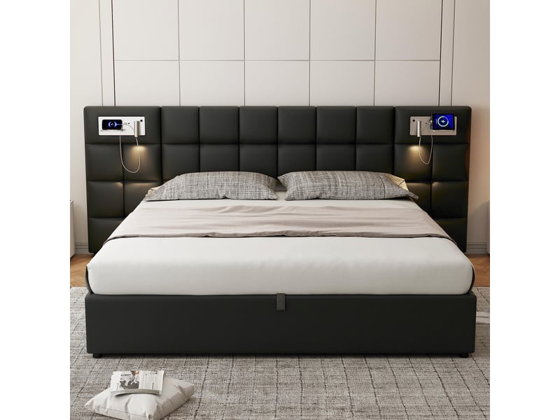  Lit adulte 180x200cm, lit double lit coffre avec lampe, tête de lit et sommier, rangement, charge, pu noir, sans matelas  - Conforama B