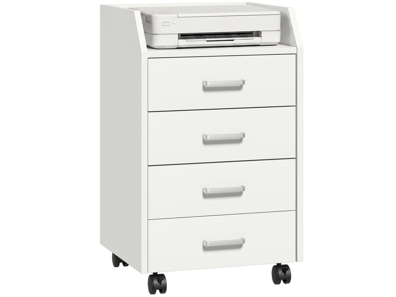  Commode de bureau en bois à 4 tiroirs, roulettes et bords surélevés, 40 x 36 x 65 cm, blanche  - Conforama A