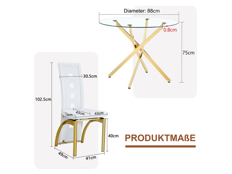  Ensemble table ronde et deux chaises, plateau en verre trempé 88 cm, sièges blancs en similicuir pu et structures métalliques dorées  - Conforama D
