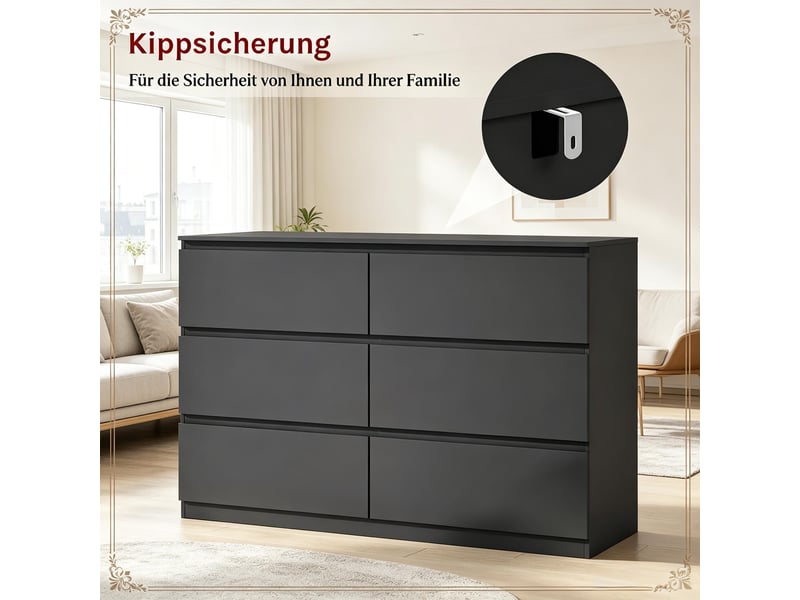 Commode de rangement avec 6 tiroirs sans poignées pour chambre et salon en bois d’ingénierie 120×40×75 cm noir - Conforama E