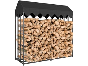 Porte-bûches extérieur avec toit imperméable, acier noir, capacité 300 kg, 186 x 70 x 185 cm
