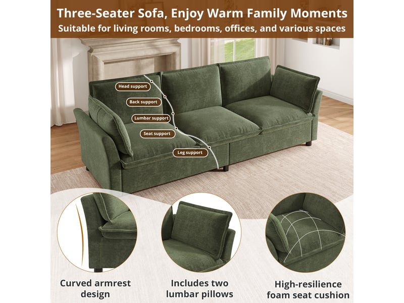 Canapé 3 places en chenille vert, divan moderne avec accoudoirs incurvés, canapé modulable très confortable pour salon et appartement - Conforama E