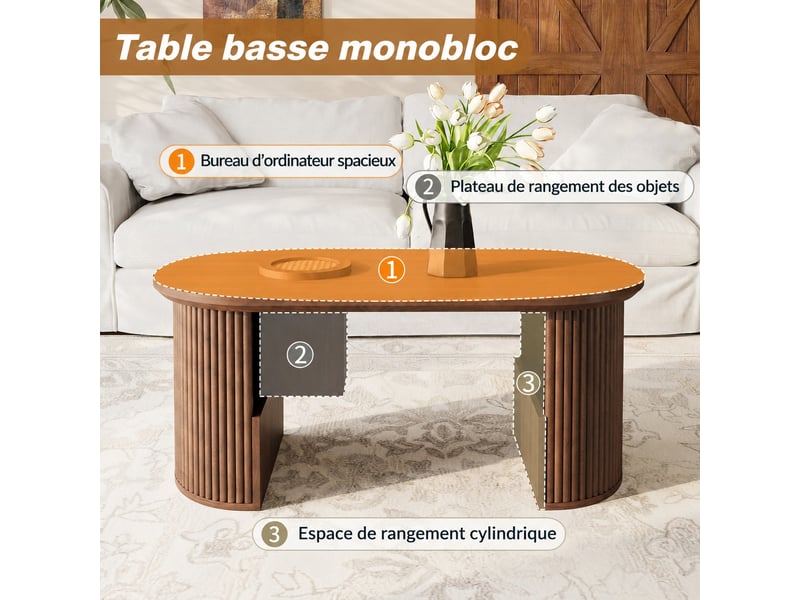  Table basse ovale effet noyer avec texture verticale, 105 x 50 x 46,5 cm  - Conforama E