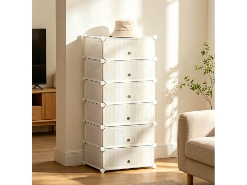  Meuble de rangement modulable avec 6 niches et portes à anneau métallique, anti-basculement, pour chambre, blanc  - Conforama B