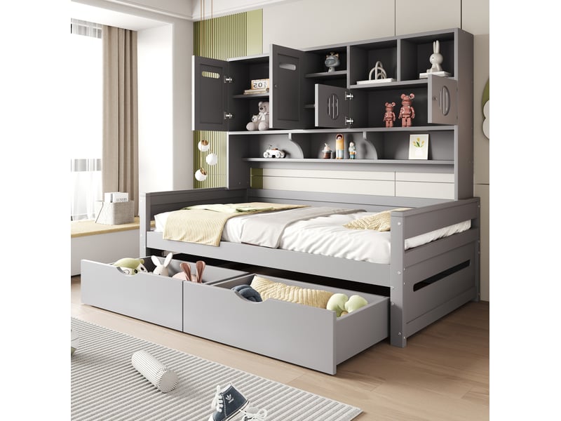  Lit multifonction, 90x200 cm, 2 tiroirs, avec plusieurs espaces de rangement, matelas non inclus, bois, coloris gris  - Conforama E