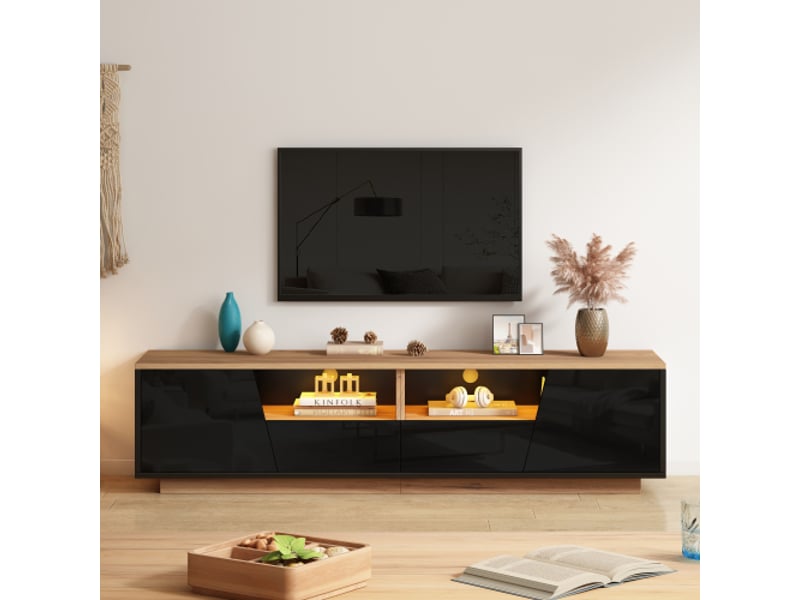  Meuble tv noir brillant et bois 180x40x46 cm - led intégrée, 2 tiroirs, 2 placards, pour tv jusqu'à 75 pouces  - Conforama B