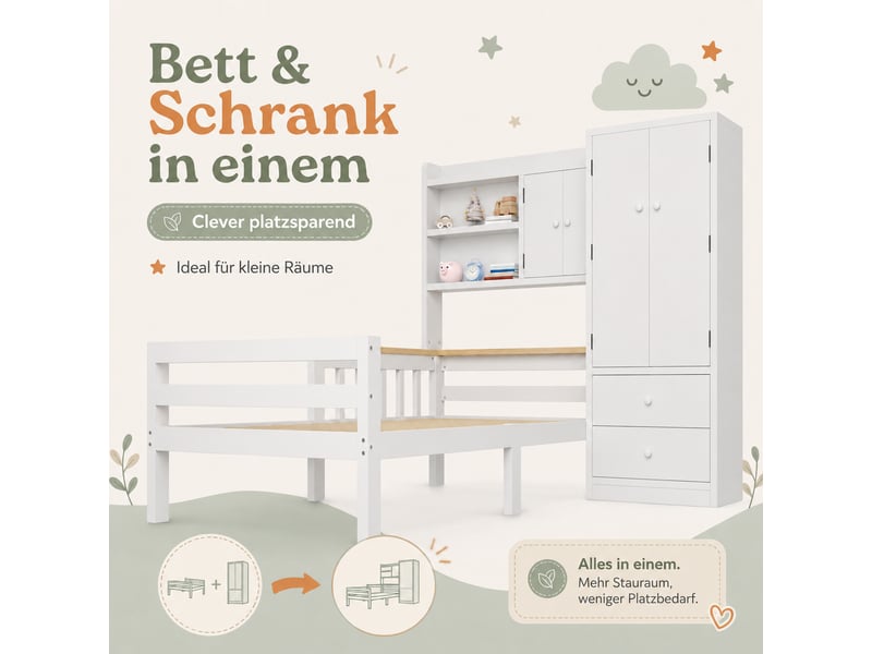 Lit combiné enfant 90x200cm avec armoire, tiroirs, rangements et étagères ouvertes, lit simple multifonction gain de place, blanc evarich - Conforama D