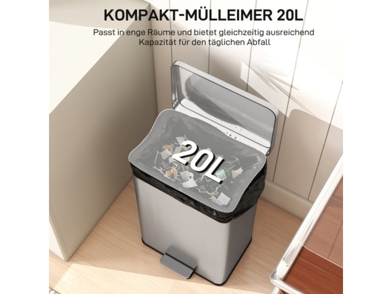 Poubelle à pédale 20 l argentée, couvercle soft-close, bac intérieur amovible, 34,2x30,6x44,2 cm - Conforama E