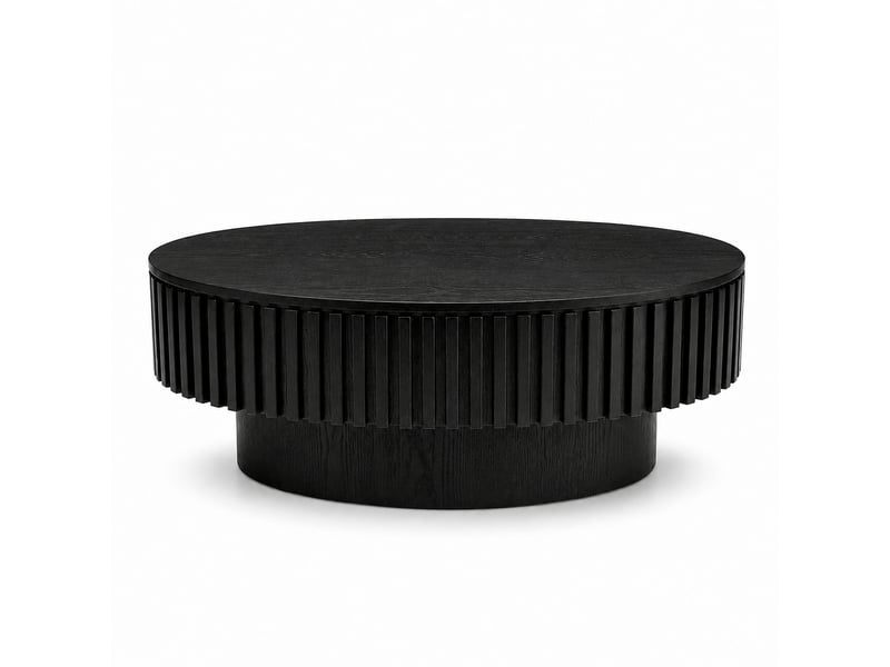 Table basse ovale cannelée noir mat 98 cm, placage bois massif, rangement caché - Conforama A