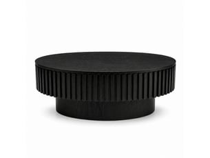 Table basse ovale cannelée noir mat 98 cm, placage bois massif, rangement caché
