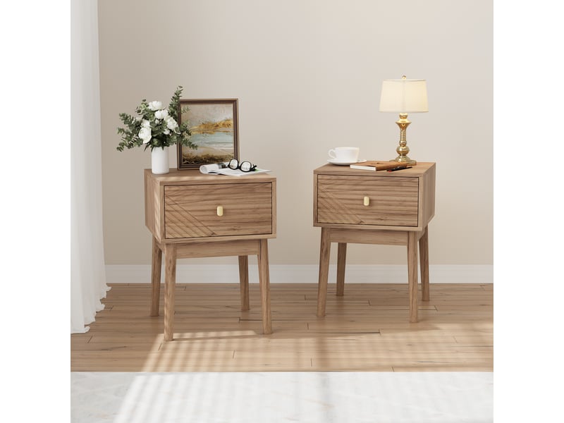  Table de chevet mid-century moderne, chêne, poignées métal, 2 tiroirs, lot de 2, 40 cm  - Conforama B