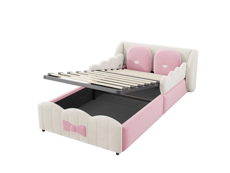  Lit coffre enfant 90x200 cm rembourré coloris beige et rose  - Conforama A
