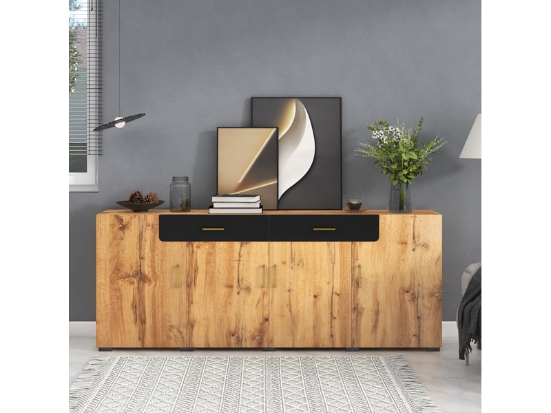  Buffet 208x39,5x80 cm en panneau de particules blanc marbré et chêne avec 4 portes et 2 tiroirs 4071258002715 - Conforama E