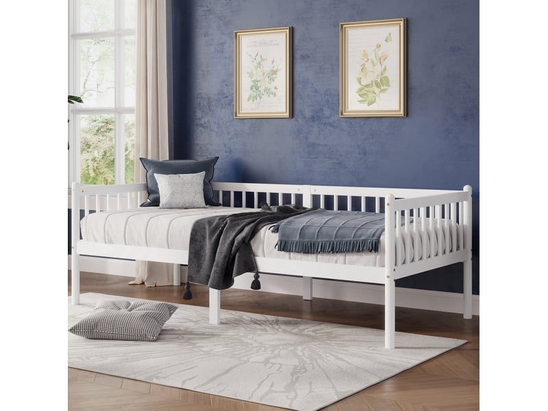  Lit banquette 90x200 cm en bois et contreplaqué, 3 barrières, 14 lattes, blanc  - Conforama E