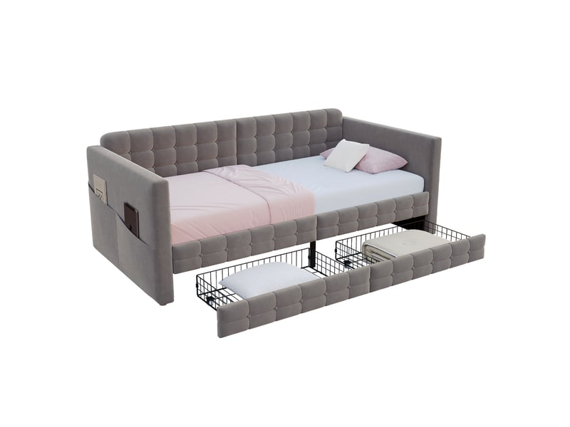  Lit simple 90x190 cm avec 2 tiroirs et poches latérales en velours gris  - Conforama A