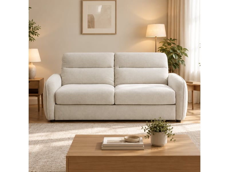  Canapé 3 places convertible matelas 12 cm en tissu écru  - Conforama E