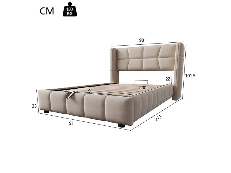  Lit coffre 90x200 cm avec rangement et mécanisme de levage en tissu beige  - Conforama E