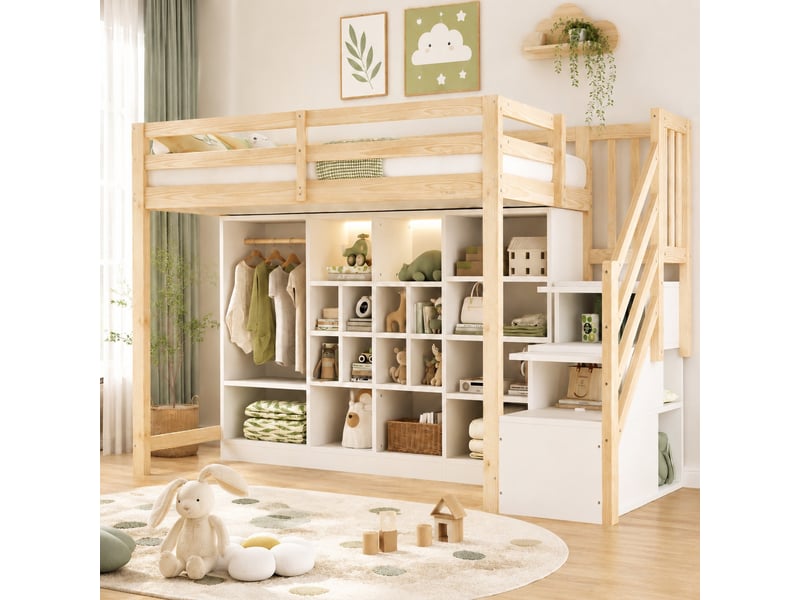 Lit mezzanine 90x200 cm, avec éclairage led, échelle latérale intégrée, armoire, espace de rangement, bois et mdf blanc naturel - Conforama B
