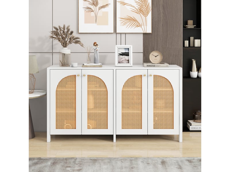 Buffet 4 portes en rotin synthétique avec étagères réglables pour salon 145×40×80 cm blanc - Conforama C