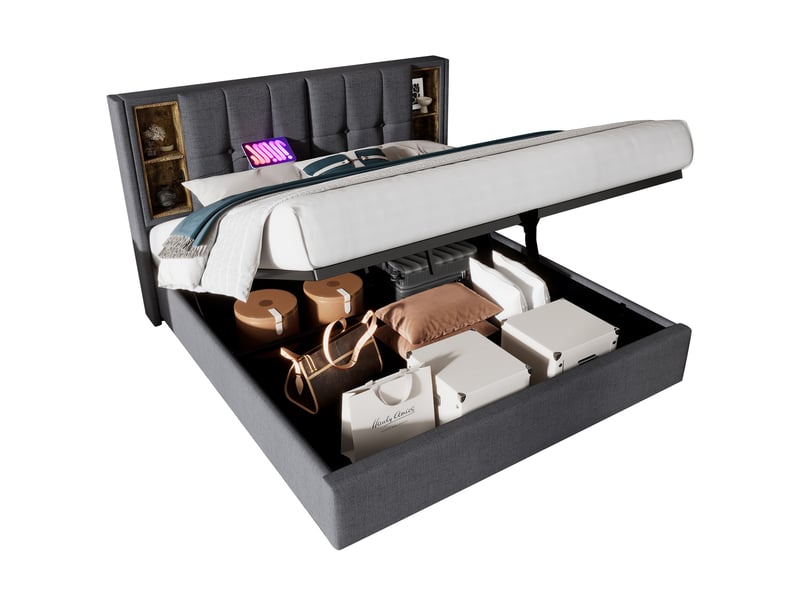  Lit coffre 160x200 avec recharge sans fil, usb et usb-c gris cravdom  - Conforama A