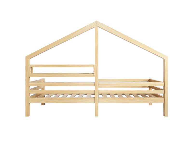  Lit enfant cabane 90 x 200 cm naturel en bois de pin, avec étagère arrière et barrières de sécurité latérales  - Conforama E