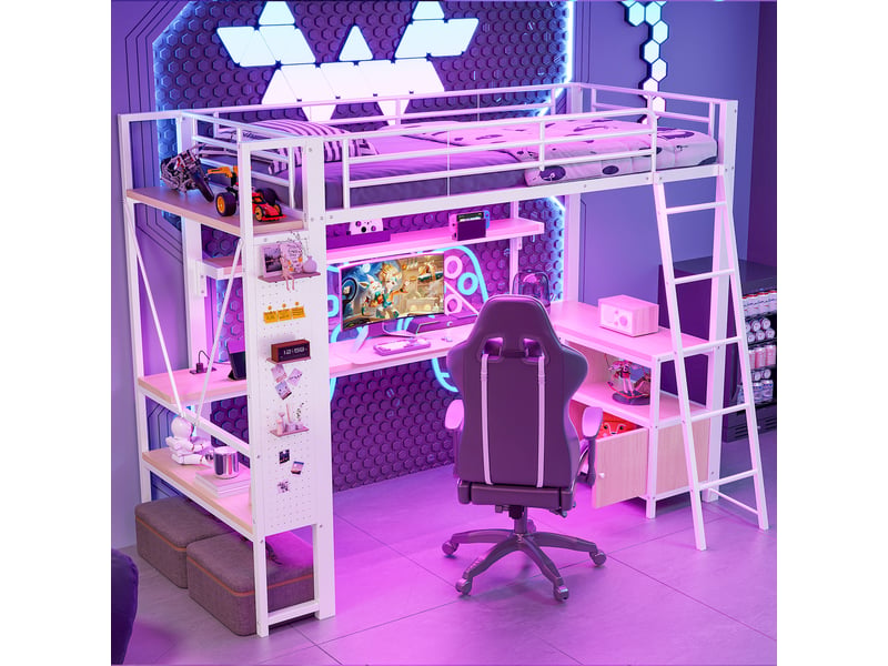  Lit mezzanine 90 x 200 cm, structure métal, led, bureau, étagères, panneau perforé, usb, sans matelas, blanc  - Conforama D