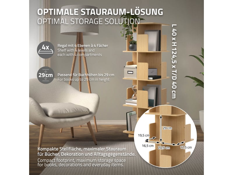 Ml-design bibliothèque tournante enfant 4 niveaux 16 compartiments beige aspect chêne bois 40x124,5x40 cm étagère pivotante 360 degrés rangement livres et jouets pour salon bureau chambre bébé stable  - Conforama B
