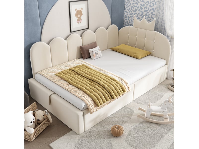  Lit simple 90x200 cm avec rangement hydraulique en velours beige  - Conforama B
